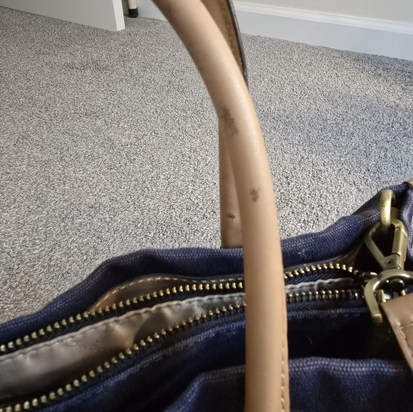 Michael Kors Mercer Large Canvas Leather Concertible Tote Navy Cream Tan - Picture 9 of 16